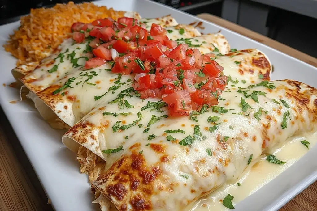 Queso Chicken Enchiladas baked until golden, topped with melted queso, fresh pico de gallo, and herbs, served with Mexican rice on a white platter