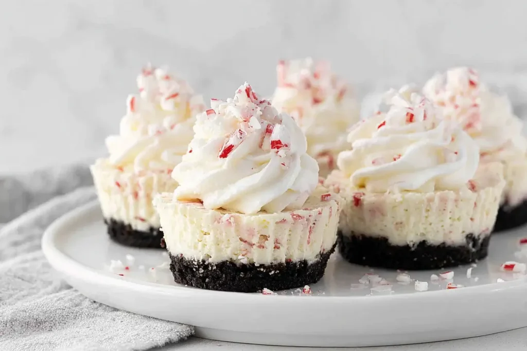 Peppermint Cheesecakes topped with whipped cream and crushed candy canes on a white plate, featuring a chocolate Oreo crust and creamy peppermint filling