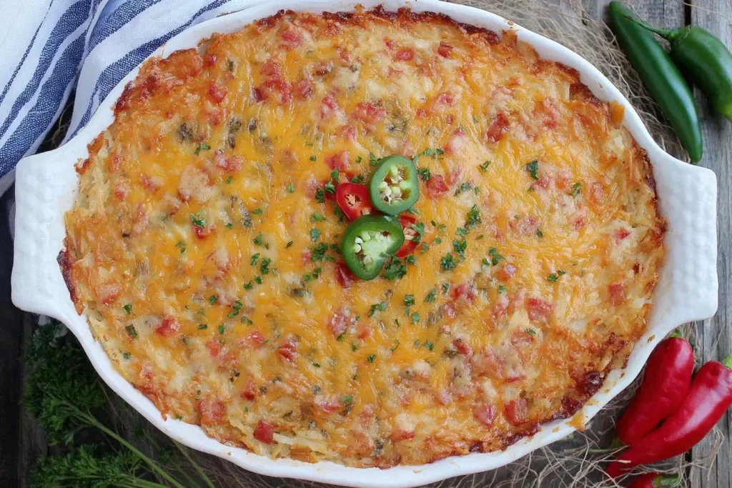 Golden-baked Pimento Cheese Hash Brown Casserole topped with melted cheddar, diced peppers, and sliced jalapeños in a white baking dish.