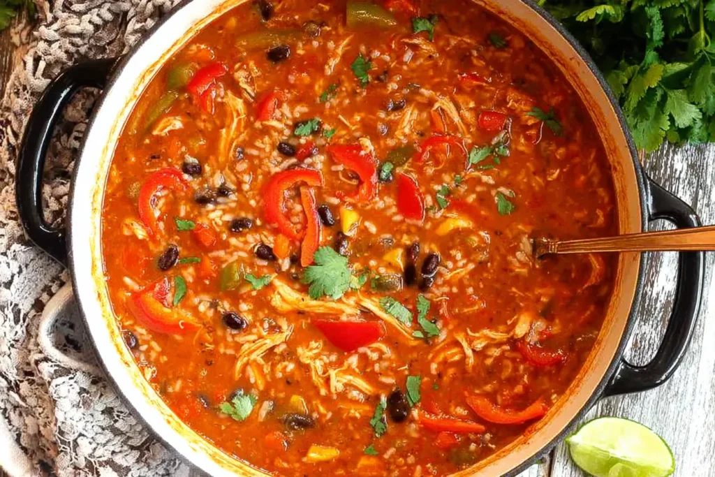 Chicken Fajita Soup simmering in a Dutch oven with shredded chicken, bell peppers, black beans, rice, and cilantro, served with lime.