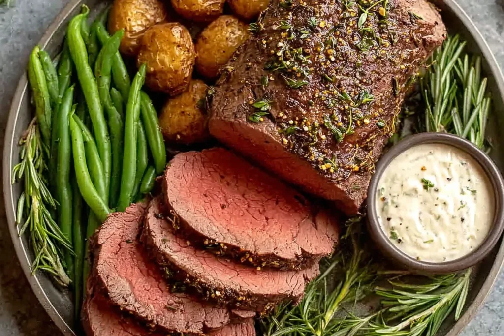 Million Dollar Roast Beef Tenderloin sliced medium-rare with roasted potatoes, green beans, rosemary, and creamy herb sauce on a serving platter