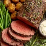 Million Dollar Roast Beef Tenderloin sliced medium-rare with roasted potatoes, green beans, rosemary, and creamy herb sauce on a serving platter