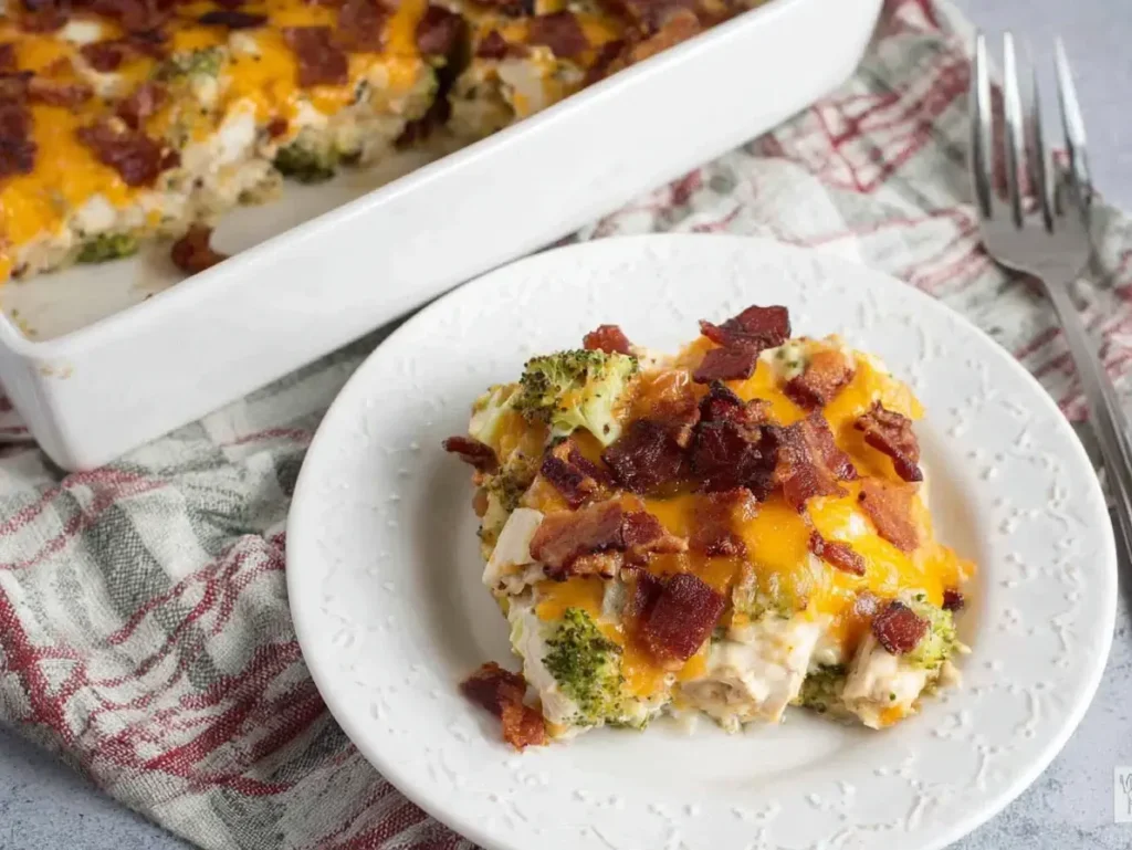 Keto Chicken Bacon Ranch Casserole served on a white plate with melted cheddar cheese, crispy bacon, tender chicken, and broccoli