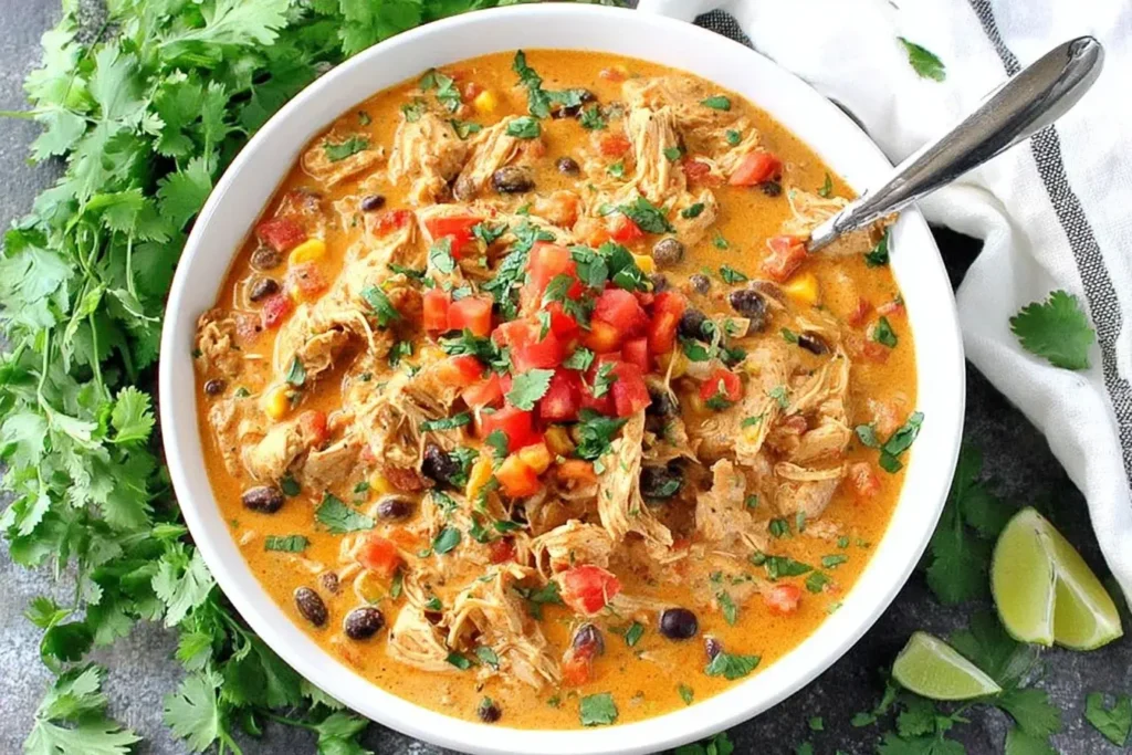 A vibrant and creamy bowl of Slow Cooker Creamy Southwest Chicken featuring shredded chicken, hearty beans, fresh herbs, and a rich Southwest-inspired broth—perfect for a comforting, flavor-packed dinner.