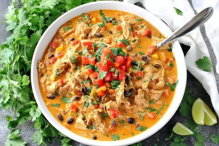 A vibrant and creamy bowl of Slow Cooker Creamy Southwest Chicken featuring shredded chicken, hearty beans, fresh herbs, and a rich Southwest-inspired broth—perfect for a comforting, flavor-packed dinner.