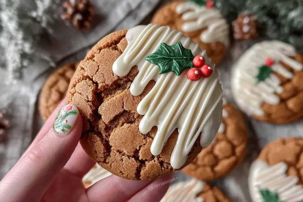 Chewy Maple Cinnamon Cookies with White Chocolate decorated with holly berry sprinkles, showing a festive drizzled white chocolate design.