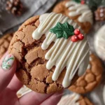 Chewy Maple Cinnamon Cookies with White Chocolate decorated with holly berry sprinkles, showing a festive drizzled white chocolate design.