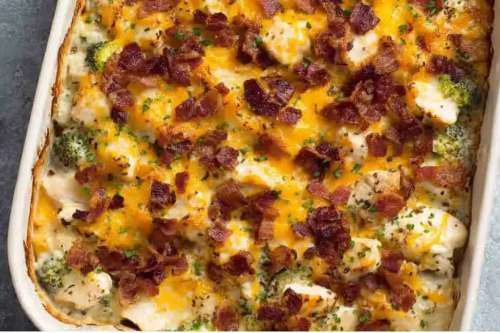 Oven-baked Keto Chicken Bacon Ranch Casserole with broccoli, creamy sauce, melted cheddar cheese, and crispy bacon topping