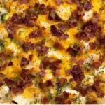 Oven-baked Keto Chicken Bacon Ranch Casserole with broccoli, creamy sauce, melted cheddar cheese, and crispy bacon topping