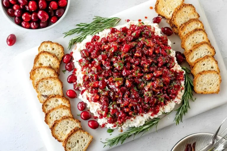 Cranberry Jalapeno Cream Cheese Dip topped with fresh cranberries, herbs, and jalapeno, served on a platter with toasted baguette slices.