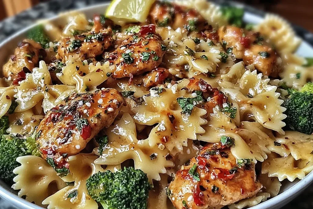 Cowboy Butter Lemon Bowtie Chicken with Broccoli topped with lemon, featuring golden chicken bites, bowtie pasta, and broccoli in a buttery lemon sauce
