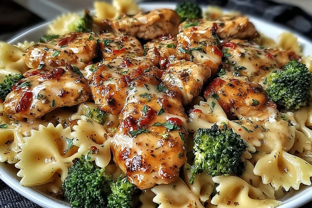Cowboy Butter Lemon Bowtie Chicken with Broccoli served with juicy chicken, bowtie pasta, and tender broccoli in a glossy lemon butter sauce