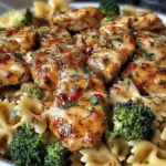 Cowboy Butter Lemon Bowtie Chicken with Broccoli served with juicy chicken, bowtie pasta, and tender broccoli in a glossy lemon butter sauce