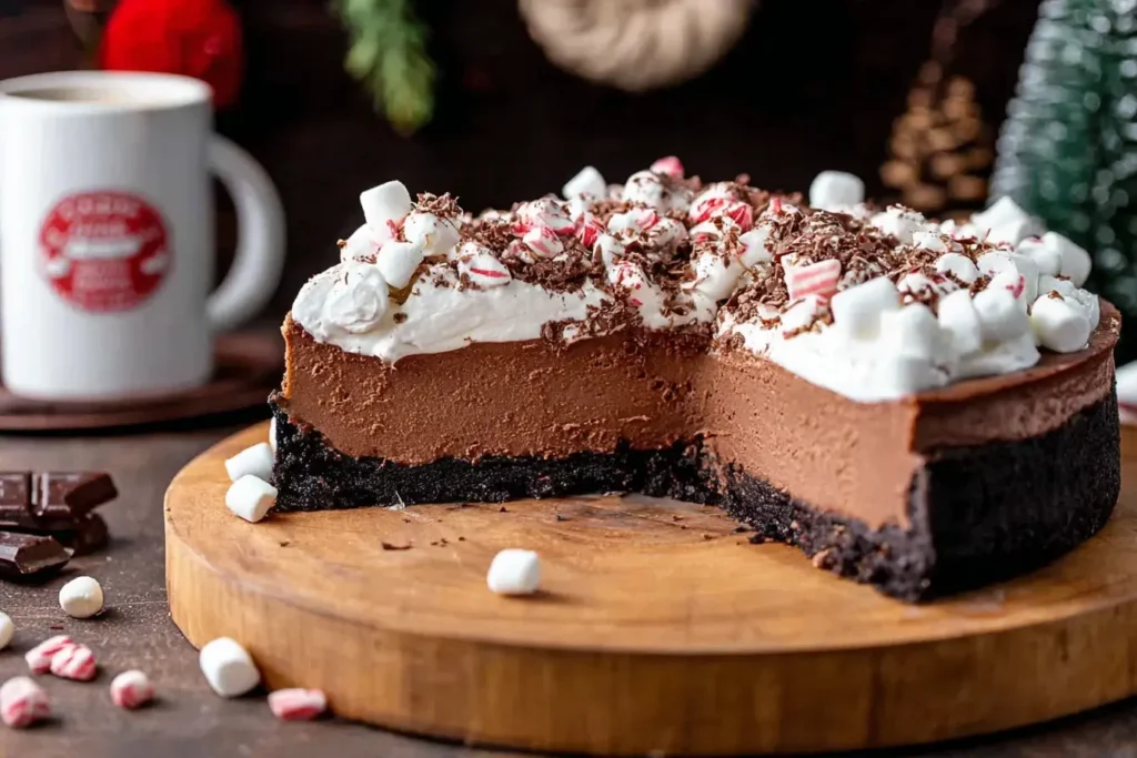 Rich and creamy Hot Chocolate Cheesecake with Oreo crust, topped with whipped cream, mini marshmallows, chocolate shavings, and crushed candy canes.