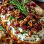Close-up of a Million Dollar Bacon Goat Cheese Appetizer Log topped with crispy bacon, pecans, cranberries, and rosemary, served with sliced baguette.