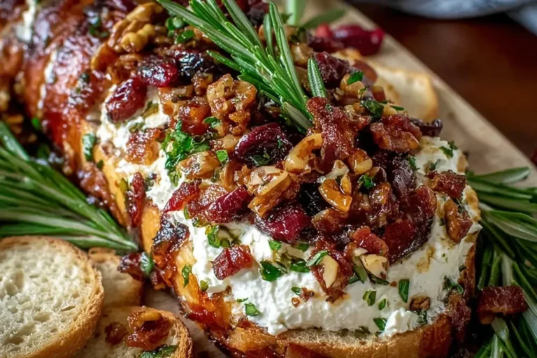Close-up of a Million Dollar Bacon Goat Cheese Appetizer Log topped with crispy bacon, pecans, cranberries, and rosemary, served with sliced baguette.