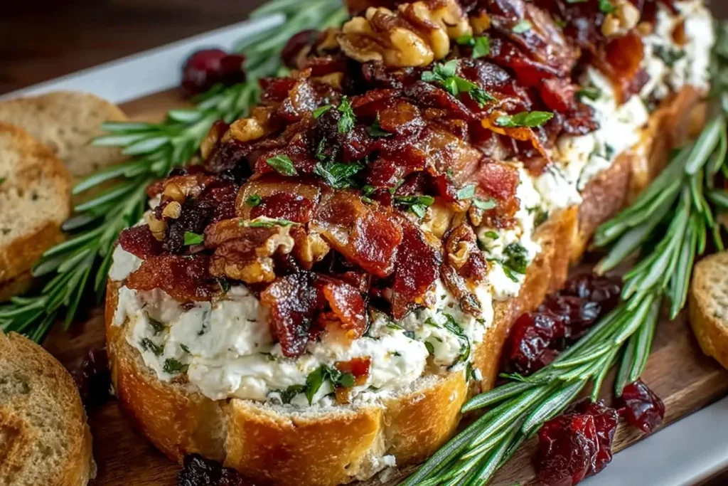 Close-up of a Million Dollar Bacon Goat Cheese Appetizer Log layered with creamy cheese, crispy bacon, toasted pecans, and fresh herbs on sliced baguette.