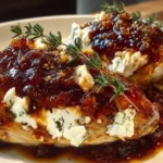 Slow Cooker Chicken with Fig Jam and Goat Cheese on a white plate, topped with glossy fig-balsamic sauce, crumbled goat cheese, and fresh thyme.