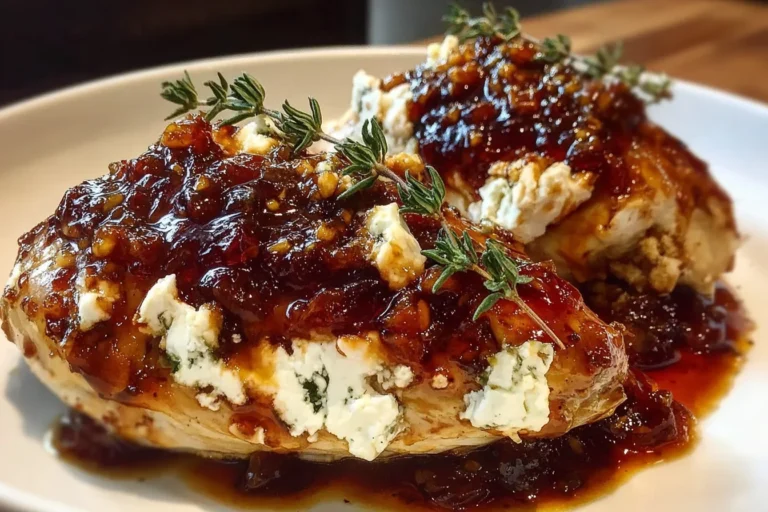 Slow Cooker Chicken with Fig Jam and Goat Cheese on a white plate, topped with glossy fig-balsamic sauce, crumbled goat cheese, and fresh thyme.