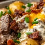 Crockpot Loaded Steak and Potato Bake with tender steak bites, baby potatoes, melted cheddar, bacon bits, and green onions in a creamy sauce.