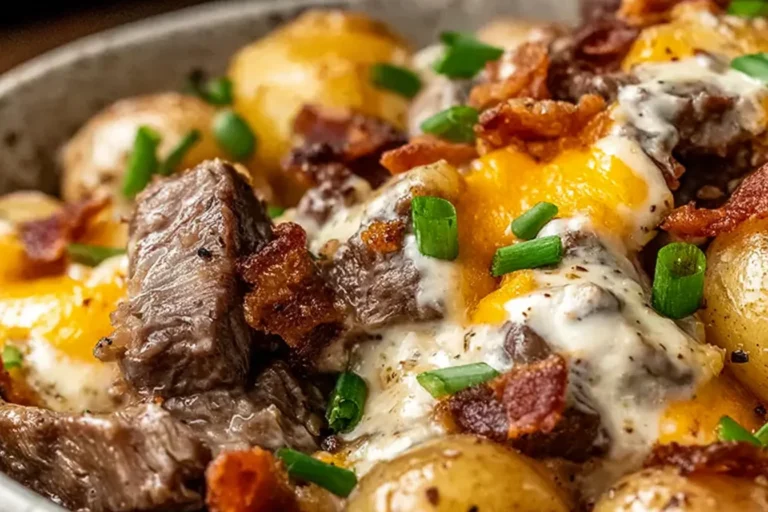 Crockpot Loaded Steak and Potato Bake with tender steak bites, baby potatoes, melted cheddar, bacon bits, and green onions in a creamy sauce.