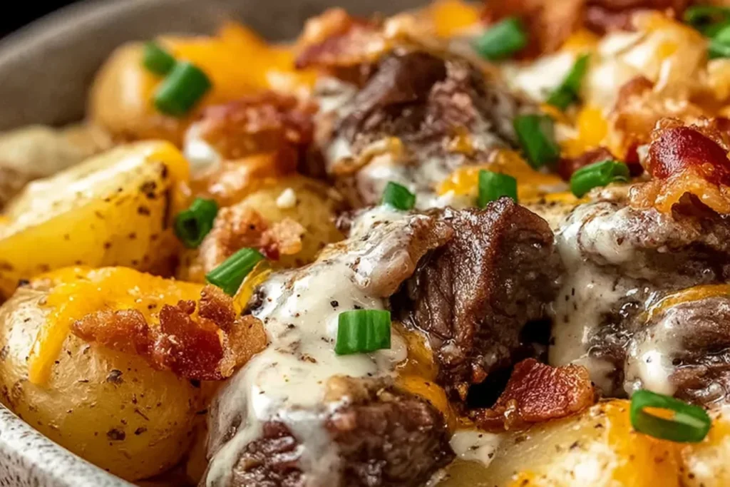 Crockpot Loaded Steak and Potato Bake close-up with juicy steak, seasoned potatoes, melted cheddar, creamy sauce, bacon, and green onions.