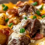 Crockpot Loaded Steak and Potato Bake close-up with juicy steak, seasoned potatoes, melted cheddar, creamy sauce, bacon, and green onions.