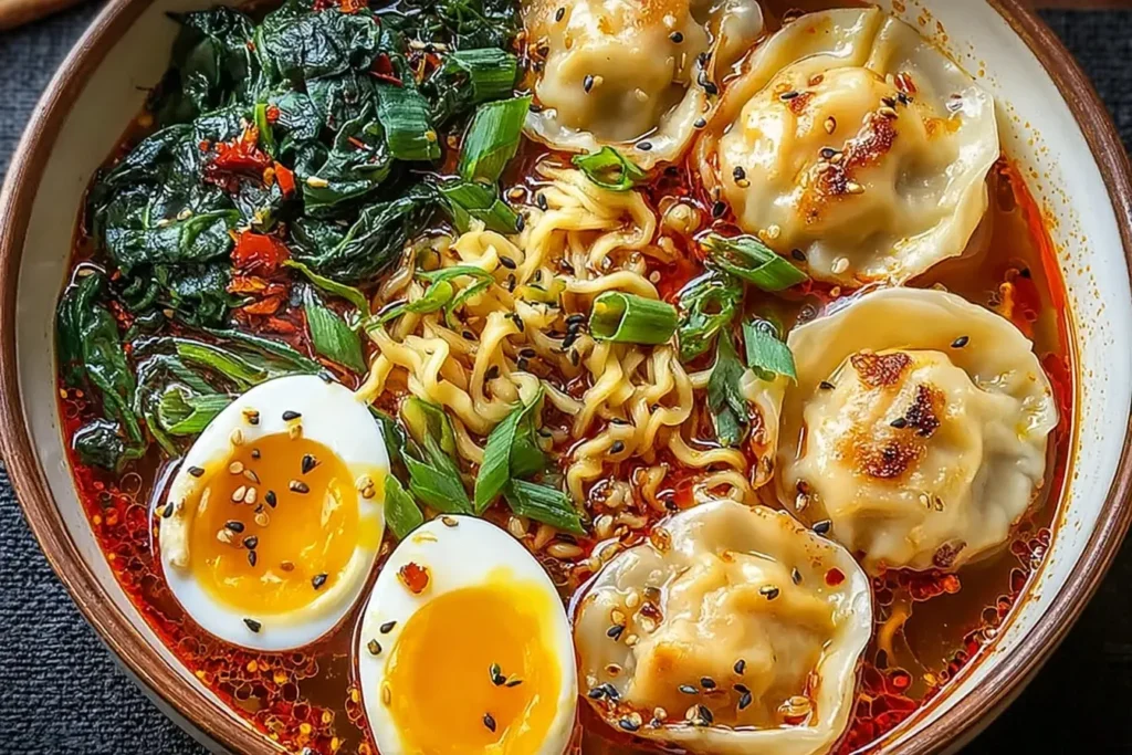 A flavorful Dumpling Ramen Bowl filled with pan-seared dumplings, ramen noodles, wilted spinach, jammy eggs, and chili oil broth topped with green onions.