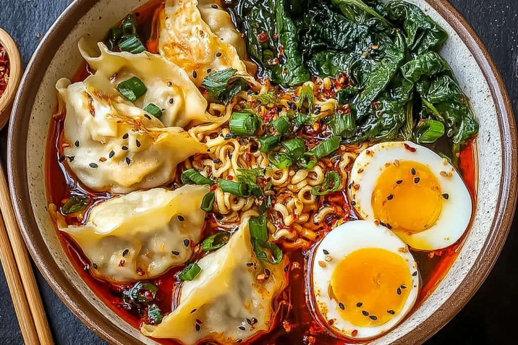 A vibrant Dumpling Ramen Bowl with dumplings, ramen noodles, spinach, chili broth, and soft-boiled eggs garnished with green onions and sesame seeds.