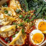 A vibrant Dumpling Ramen Bowl with dumplings, ramen noodles, spinach, chili broth, and soft-boiled eggs garnished with green onions and sesame seeds.