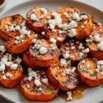 Honey Feta Sweet Potato Rounds roasted until caramelized, drizzled with honey and topped with crumbled feta and herbs on a ceramic plate.