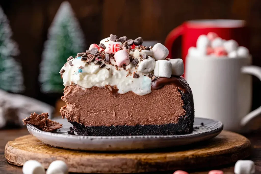 Slice of Hot Chocolate Cheesecake topped with whipped cream, mini marshmallows, chocolate shavings, and festive sprinkles on a plate.