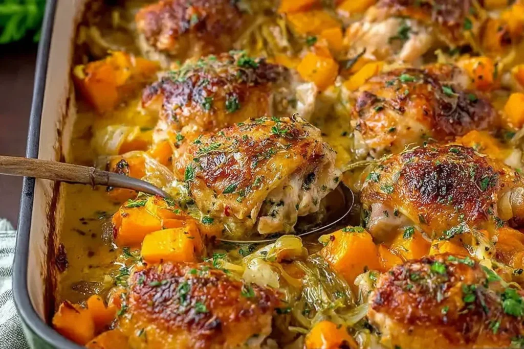 Close-up of Chicken Leek and Butternut Squash Bake with golden roasted chicken thighs, tender squash, and herbs being scooped from the casserole.