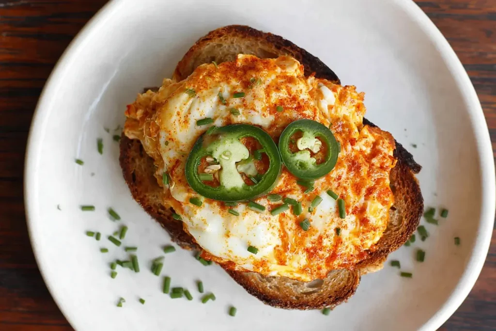 Crispy Egg Salad served on toasted bread with melted cheese, jalapeño slices, chives, and golden pan-fried edges for a bold brunch bite