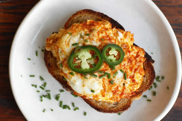 Crispy Egg Salad served on toasted bread with melted cheese, jalapeño slices, chives, and golden pan-fried edges for a bold brunch bite