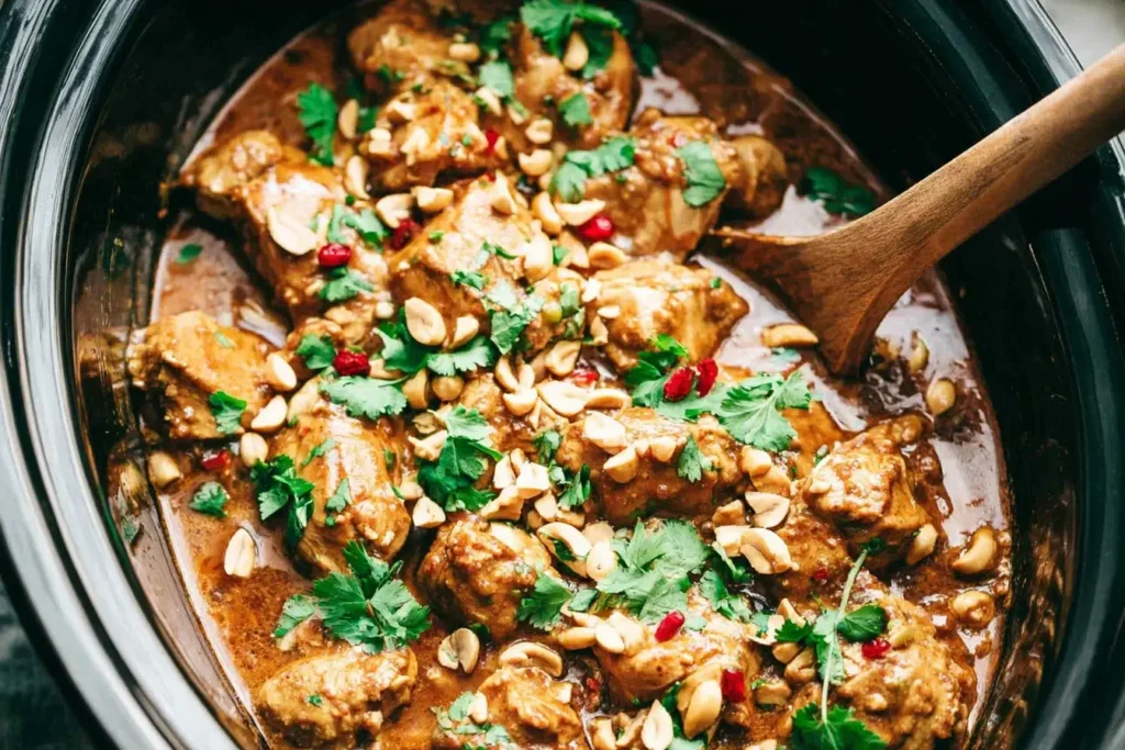 Slow Cooker Peanut Chicken simmering in a creamy peanut sauce topped with cilantro and peanuts