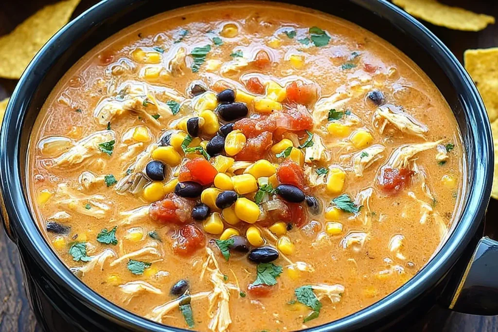 Crockpot Chicken Tortilla Soup in a black bowl with shredded chicken, corn, black beans, tomatoes, and fresh cilantro on top.