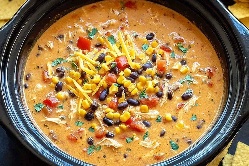 Crockpot Chicken Tortilla Soup in a slow cooker with shredded chicken, black beans, corn, tomatoes, and melted cheese on top.