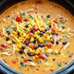 Crockpot Chicken Tortilla Soup in a slow cooker with shredded chicken, black beans, corn, tomatoes, and melted cheese on top.