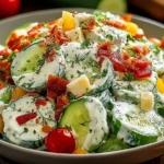 A cool, crunchy cucumber salad tossed in creamy ranch with tomatoes and herbs—an easy make-ahead side that disappears fast.