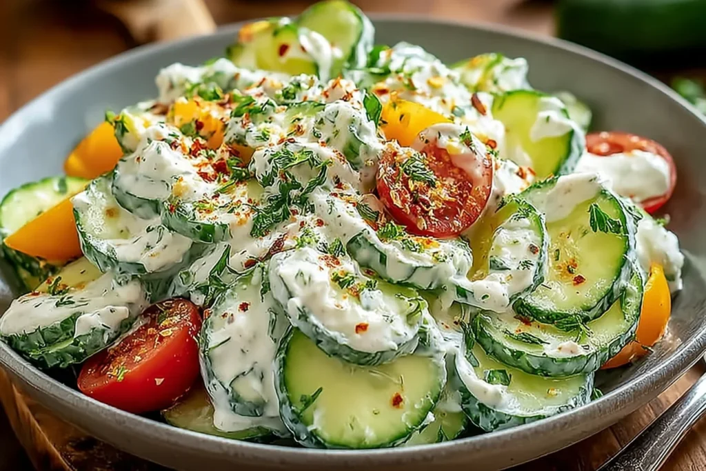 Cucumber Ranch Crack Salad in a bowl with sliced cucumbers, cherry tomatoes, fresh dill, and creamy ranch dressing, topped with red pepper flakes.
