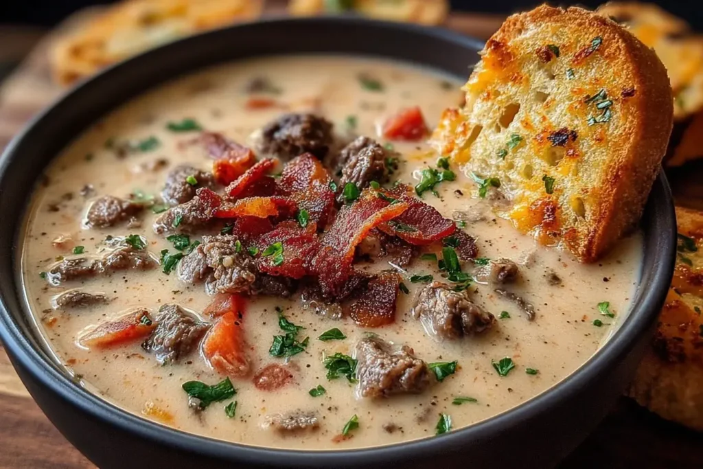 Creamy Philly Cheesesteak Soup filled with tender beef, crispy bacon, and fresh herbs, served with a slice of golden cheesy toast.