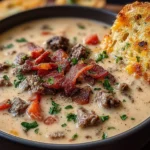 Creamy Philly Cheesesteak Soup filled with tender beef, crispy bacon, and fresh herbs, served with a slice of golden cheesy toast.