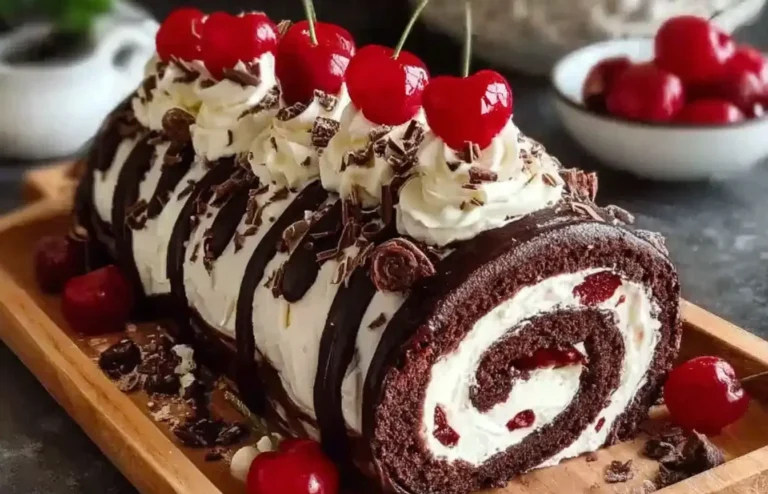 Elegant Black Forest Cake Roll topped with whipped cream, chocolate drizzle, and bright red cherries on a wooden serving board.