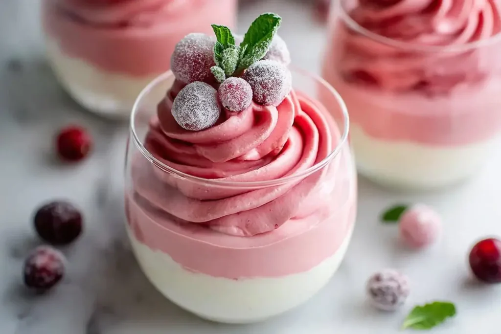 Elegant Cranberry Mousse Cups with layered vanilla and cranberry mousse topped with sugared cranberries and fresh mint.