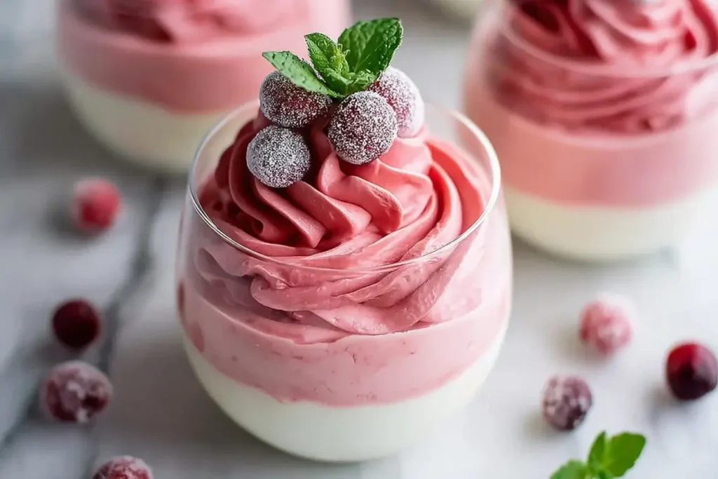 Cranberry Mousse Cups with creamy layered cranberry and vanilla mousse topped with sugared cranberries and mint.