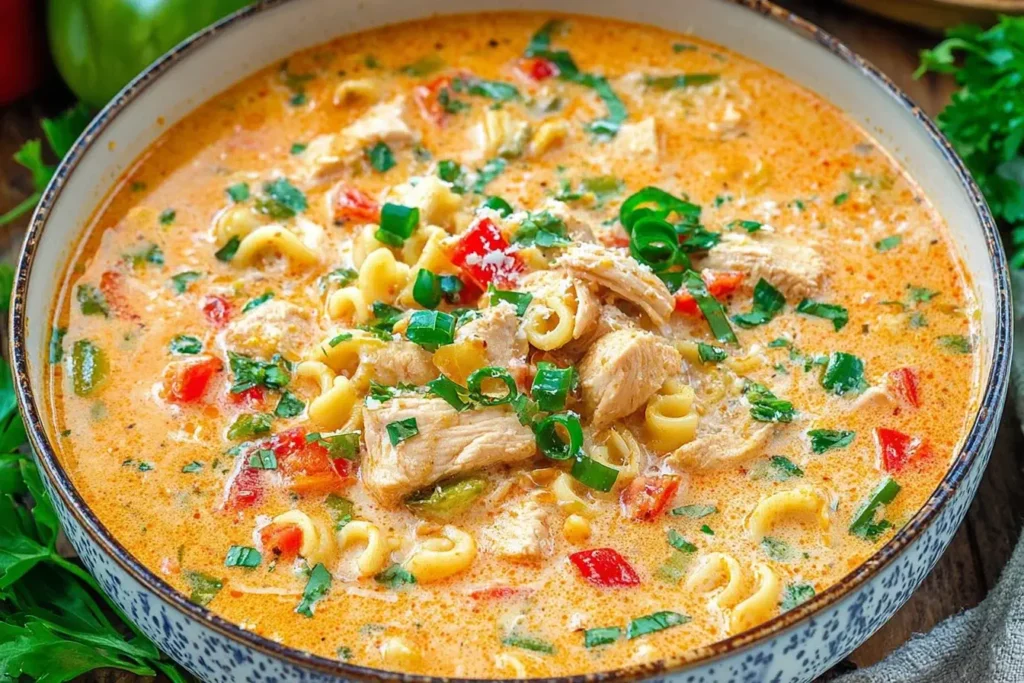 Creamy Parmesan Cajun Chicken Pasta Soup in a bowl with tender chicken, pasta, peppers, and fresh herbs in a rich, creamy Cajun broth.