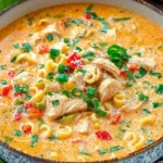 Creamy Parmesan Cajun Chicken Pasta Soup in a bowl with tender chicken, pasta, peppers, and fresh herbs in a rich, creamy Cajun broth.