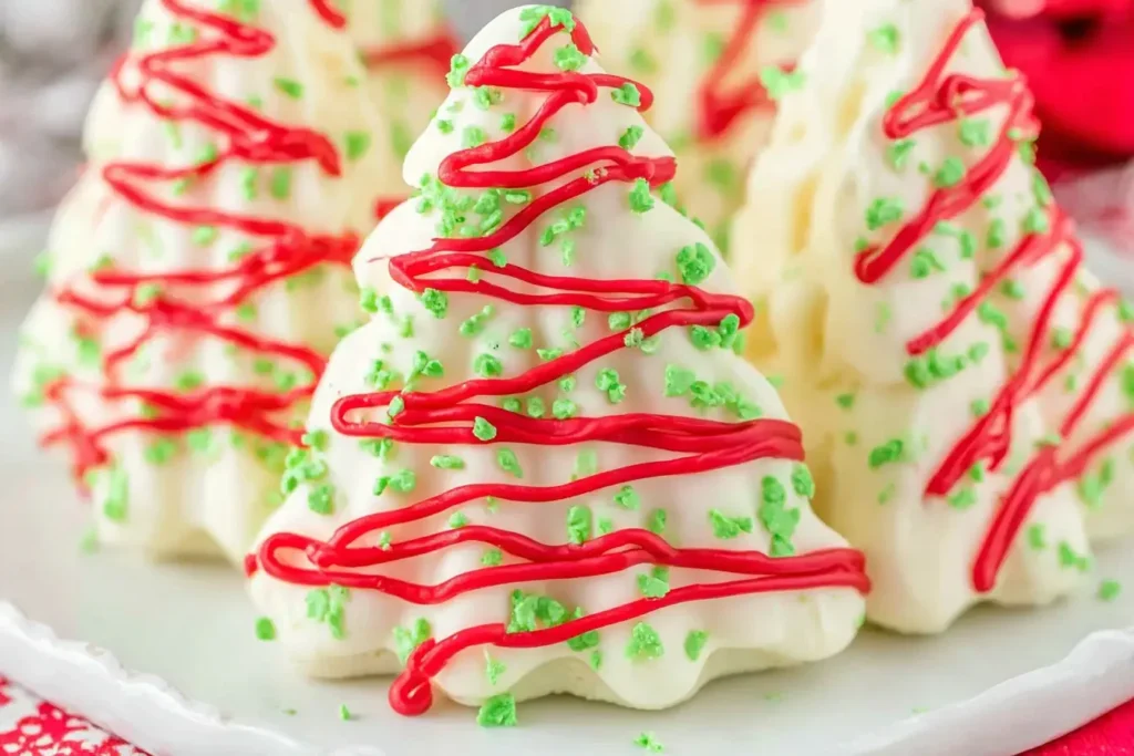 Homemade Christmas Tree Cakes with white chocolate coating, red drizzle, and green sprinkles for a festive holiday treat