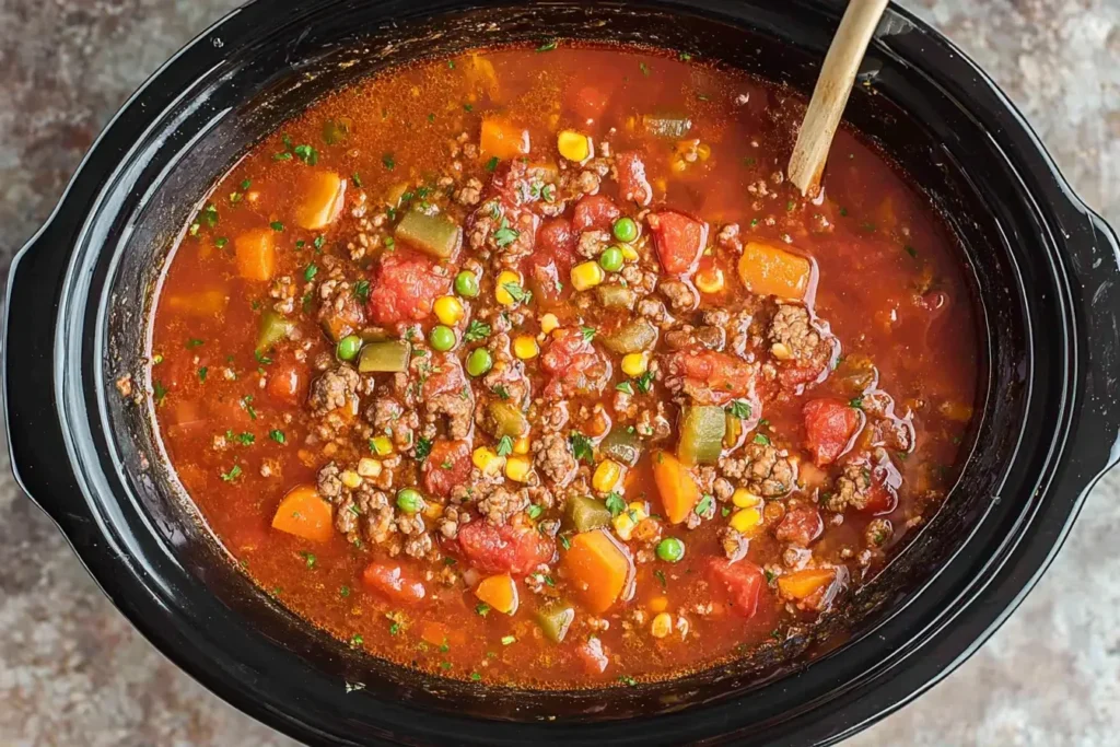 Hearty Crock Pot Hamburger Soup filled with ground beef, tomatoes, carrots, peas, and corn simmering in a slow cooker.